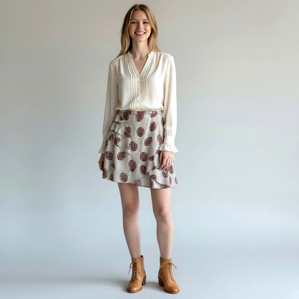 Bimba y Lola Aztec Print Ruffle Mini Skirt US Size 10 EU 42 Cream Black Red